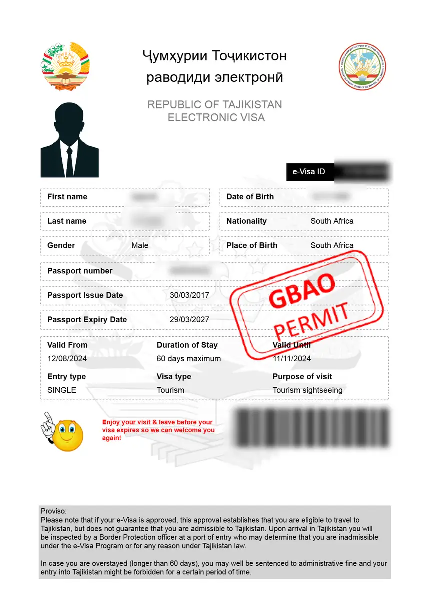 Sample Tajikistan e-Visa